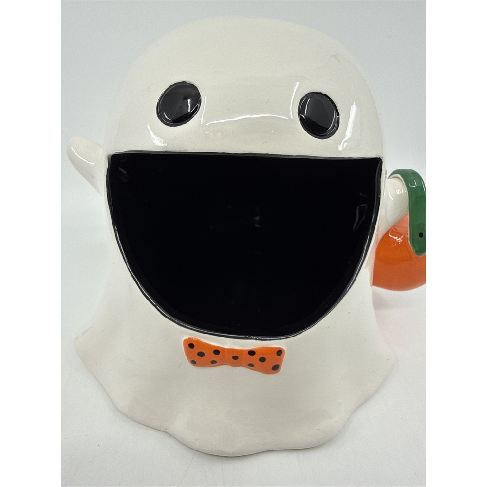 Pier 1 Ceramic Halloween Trick Or Treat Bow tie Ghost Open Mouth Candy Dish 7"
